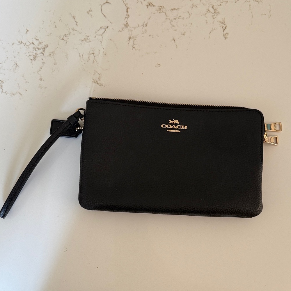 Coach Black Leather Wristlet with Gold Accents